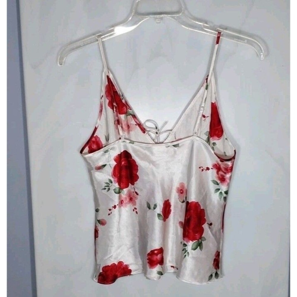 White Satin Cami L Red Rose Floral Front Tie Lingerie Style Fairycore Y2K - Picture 5 of 8